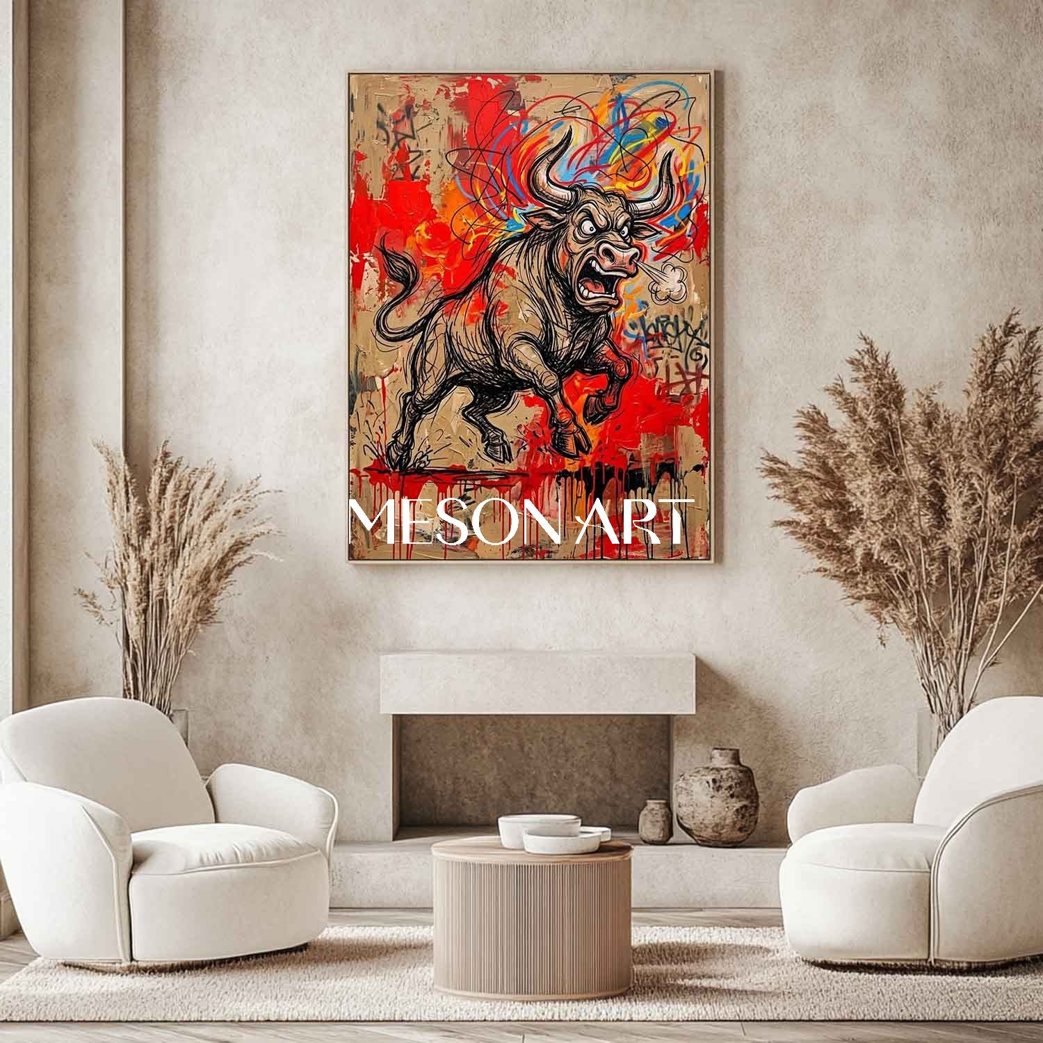 MesonArt Abstract Charging Bull Canvas Painting Red Graffiti Plaster Textured Wall Art for Modern Office Decor