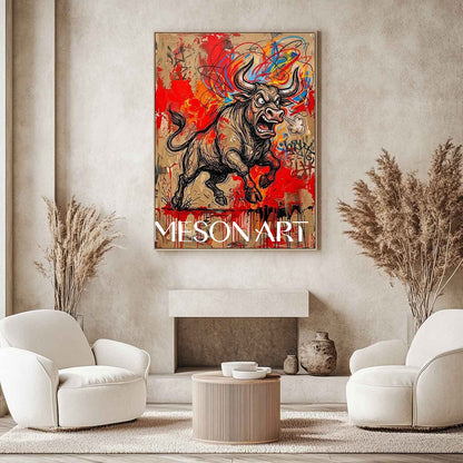 MesonArt Abstract Charging Bull Canvas Painting Red Graffiti Plaster Textured Wall Art for Modern Office Decor