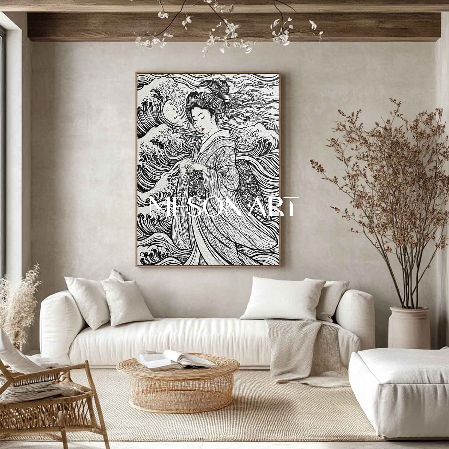 Textured Geisha & Wave Canvas Art | Gold Framed 3D Plaster Painting