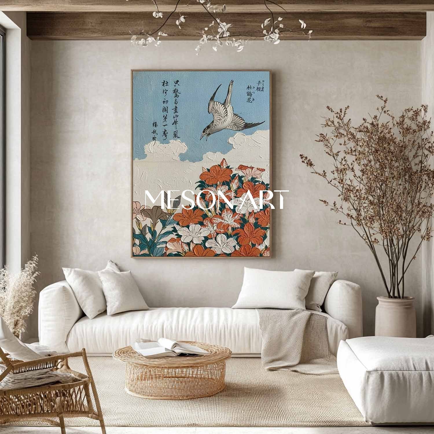 Japandi Wall Art, Textured Canvas Art, 3D Plaster Painting, Chinoiserie Decor, Bird Wall Art