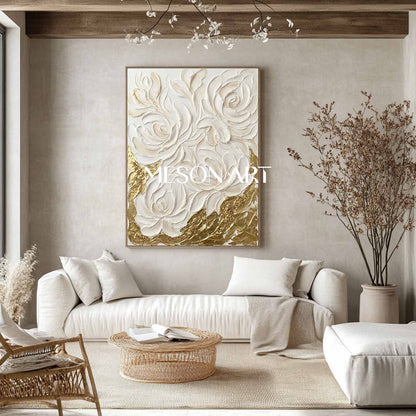 Handmade 3D Flower Oil Painting White Rose Plaster Abstract Canvas Art