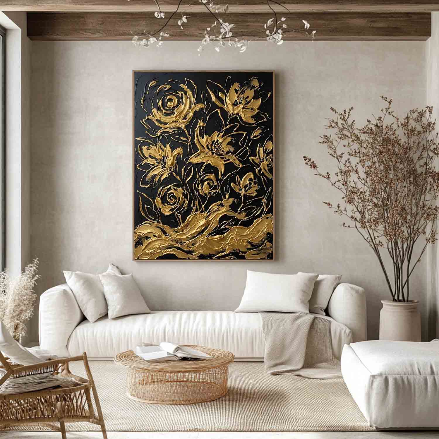 Vertical Black And Gold Abstract Floral Art | 3D Abstract Floral Decor