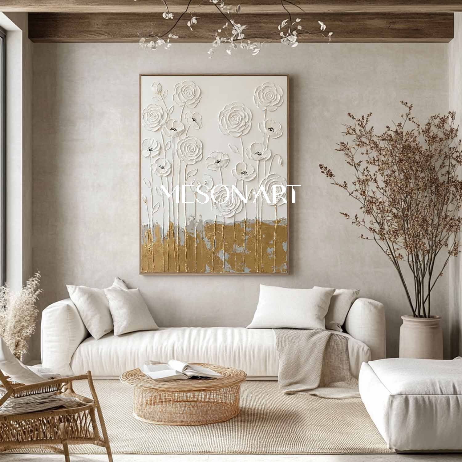 Elegant Bedroom Headboard Decor White Rose Plaster Abstract Canvas Art