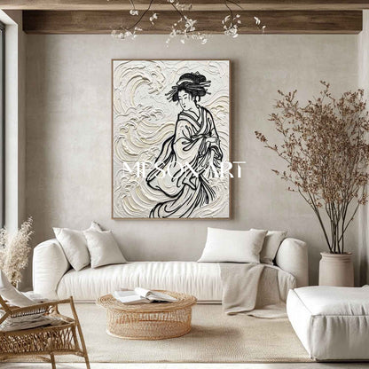 MESON ART Square 3D Textured Canvas Painting, Japanese Style Woman With Flowing Hair And Waves