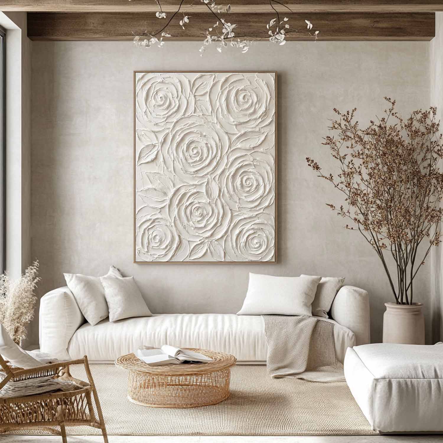 Vertical Gold Framed 3D White Rose Paintings Abstract Textured Wall Decor