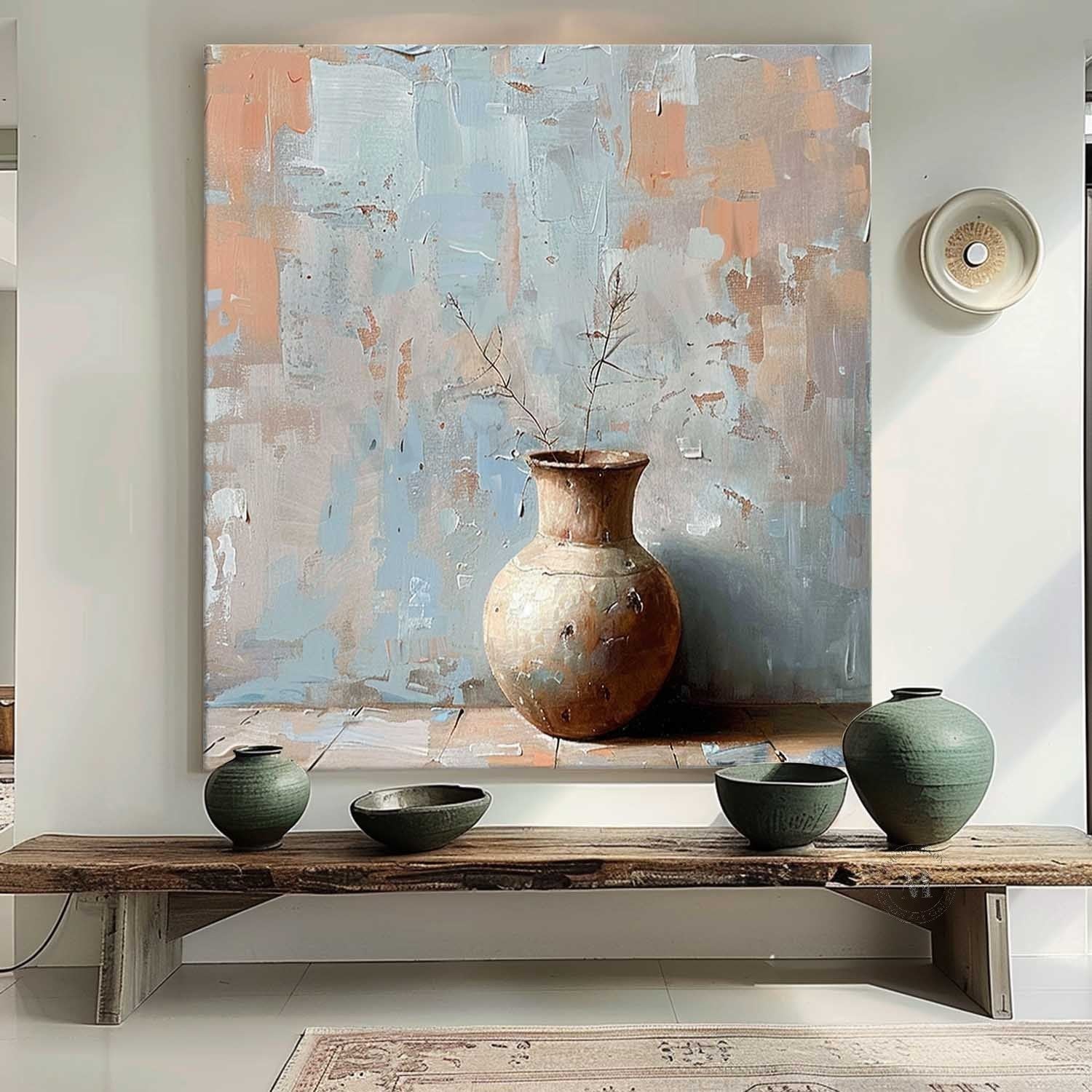 Cyan Clay Pot Minimalist Painting Clay Pot Wabi Sabi Canvas Wall Art for Sale