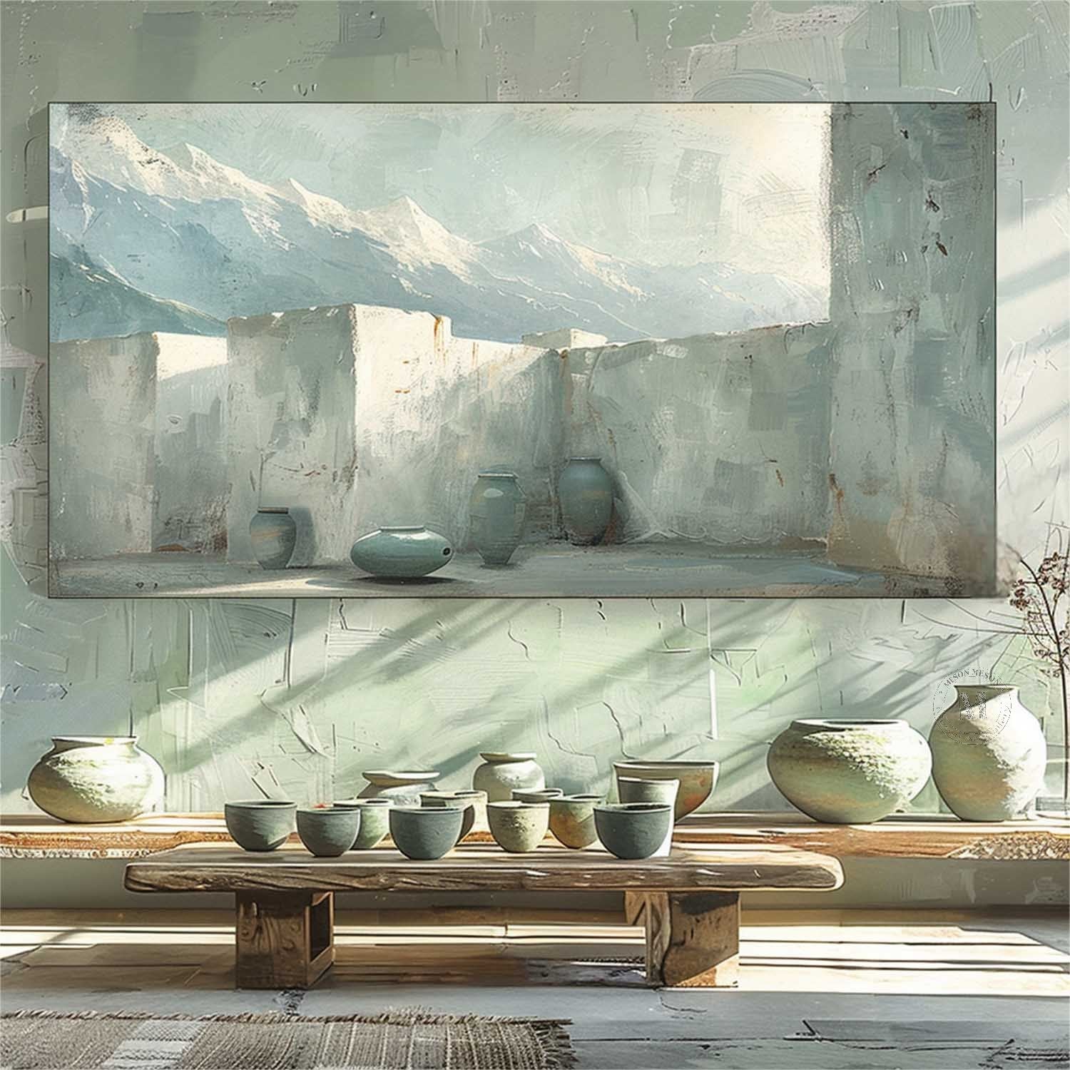 Grey and Green Landscape Canvas Art Wabi-Sabi Wall Art Modern Grey and Green Abstract Wall Art Decor