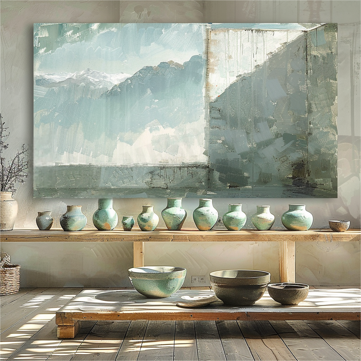 Large Gray and Green Scenic Canvas Art Wabi-Sabi Wall Art Gray and Green Minimalist Wall Art Decor