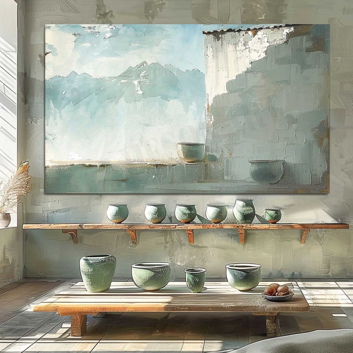 Large Green and Grey Landscape Canvas Art for Sale Wabi-Sabi Wall Art Green Landscape Painting