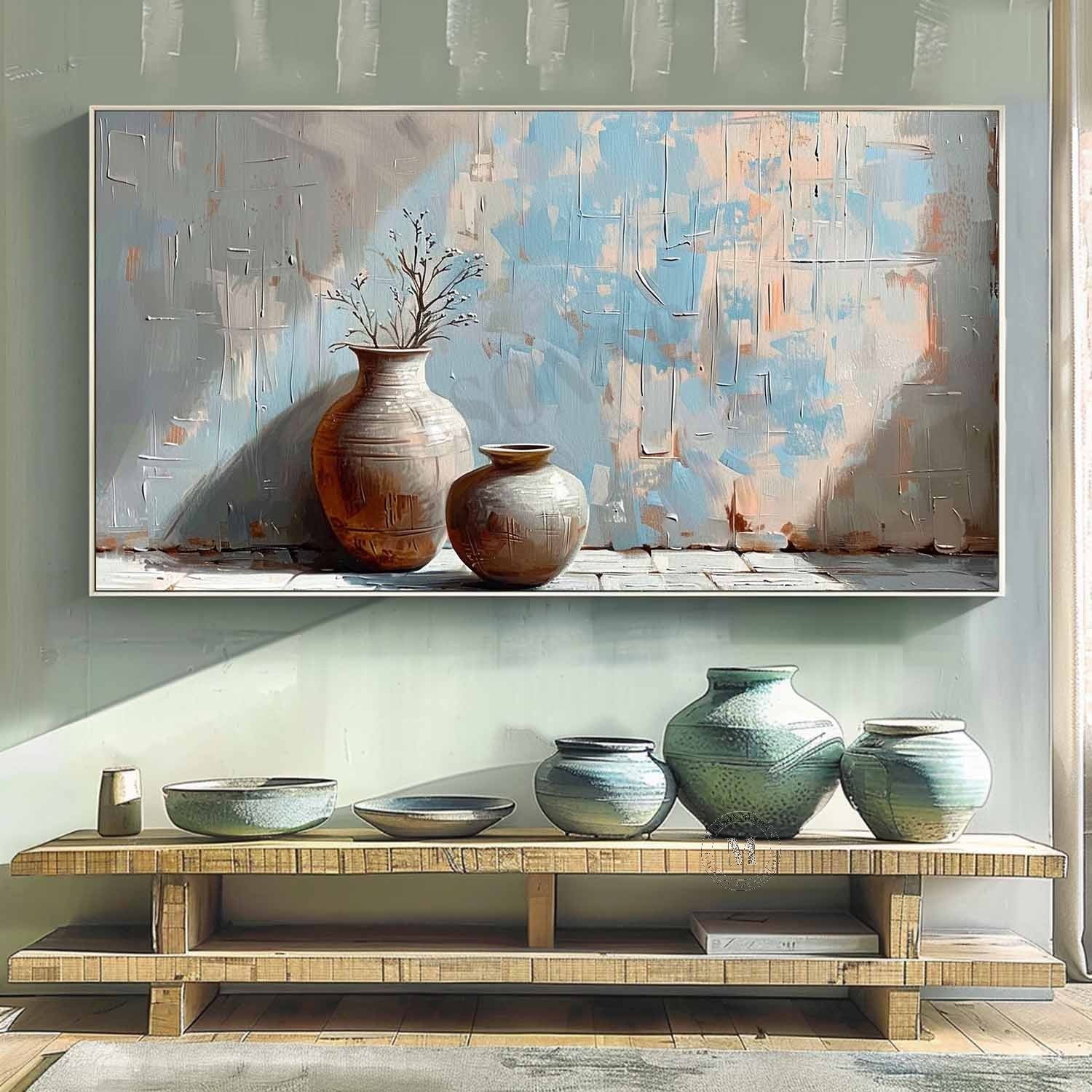 Large Clay Jar Vase Canvas Art for Sale Clay Jar Vase Artwork Blue and Green Clay Jar Still Life Painting
