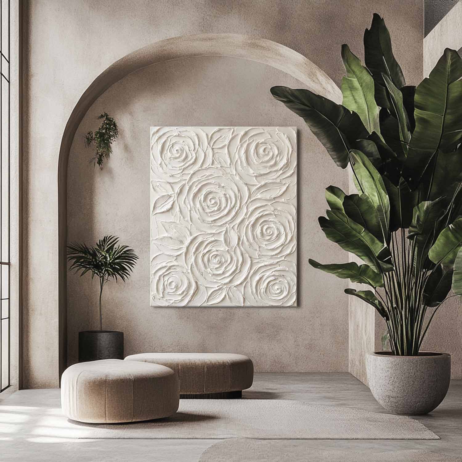 Vertical Gold Framed 3D White Rose Paintings Abstract Textured Wall Decor