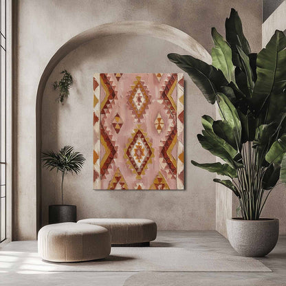 Handmade Boho Geometric Oil Painting, 3D Textured Pink And Mustard Tribal Pattern Canvas