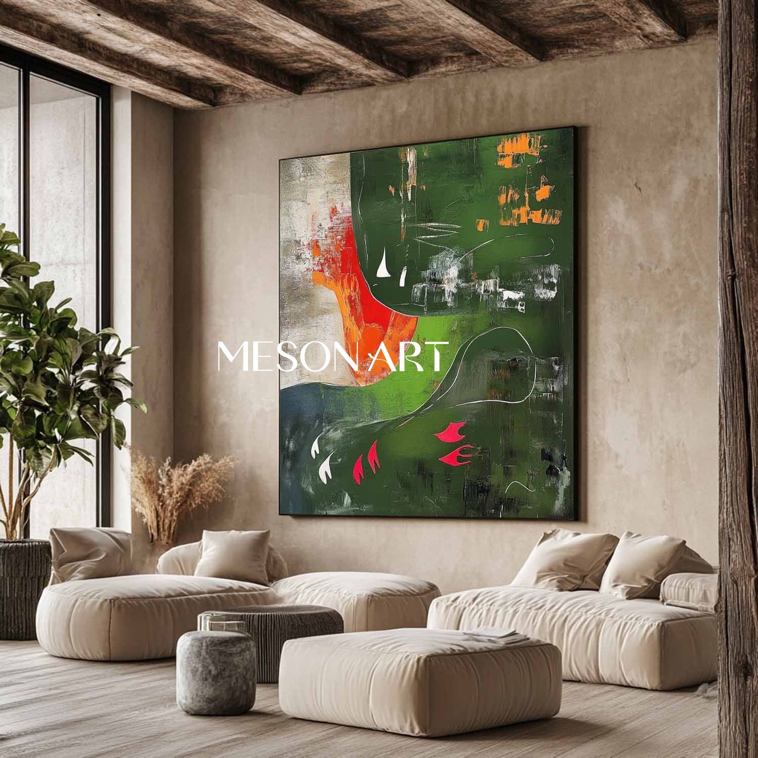 Contemporary dark green abstract art for sale Green minimalist paintings Green wall canvas art decor