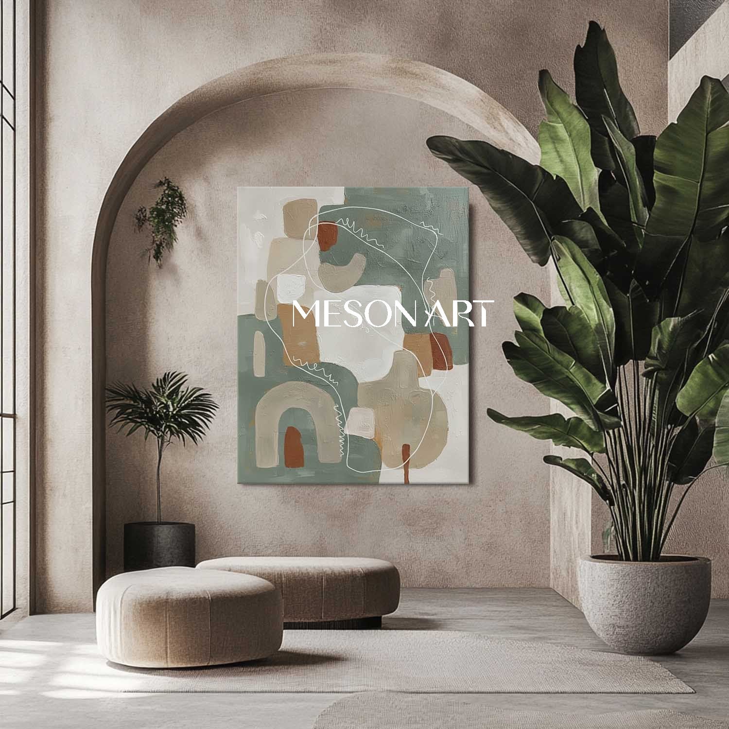 3D Sage Green Abstract Art Organic Boho Canvas with White Sketch Lines