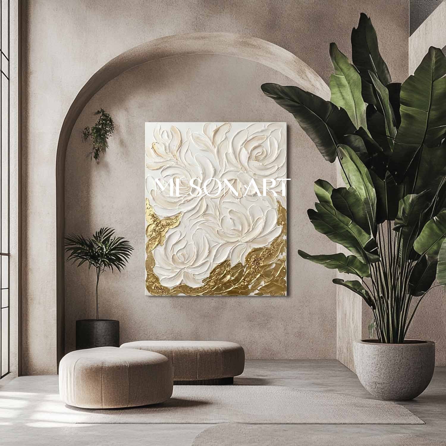 Handmade 3D Flower Oil Painting White Rose Plaster Abstract Canvas Art