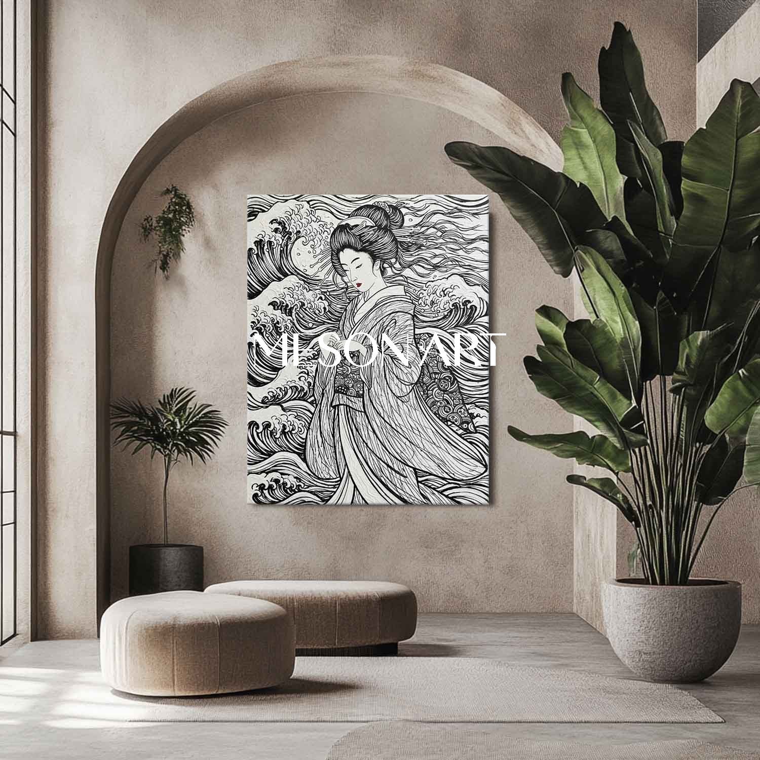 Textured Geisha & Wave Canvas Art | Gold Framed 3D Plaster Painting