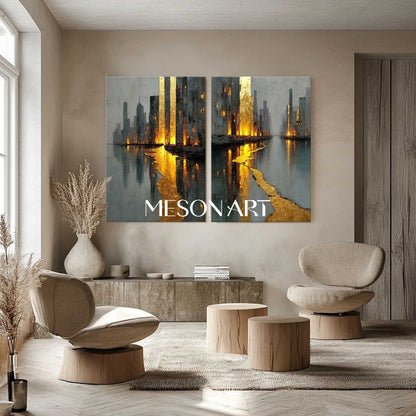 Modern Gold Abstract Wall Art Set of 2 Grey City Skyline Textured Canvas Paintings