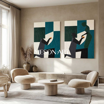 2-Piece Set Of 3D Textured Abstract Couple Proposal Oil Painting Geometric Plaster Canvas Wall Art for Modern Romantic Home Decor