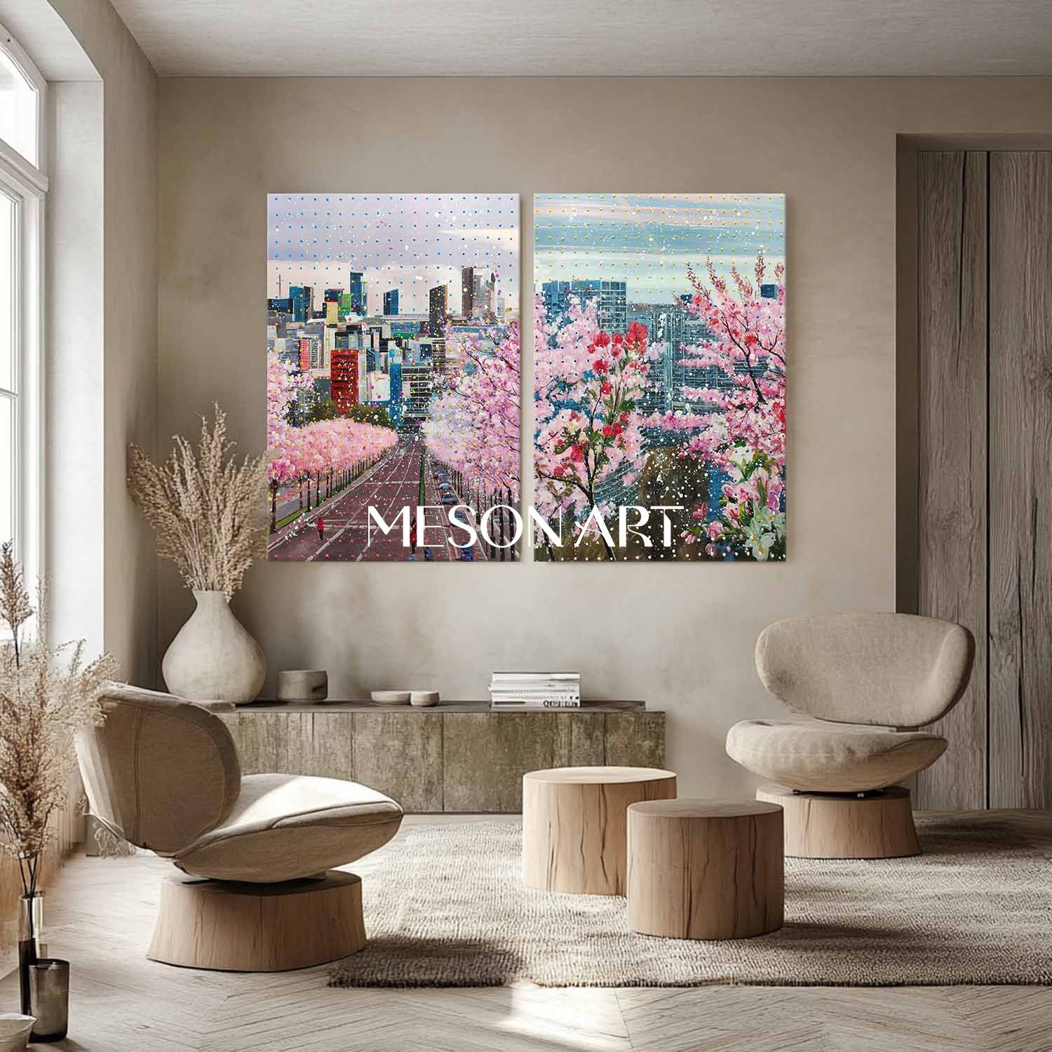 Cherry Blossom Cityscape Wall Art Set 2 Piece Modern Urban Canvas Painting for Home