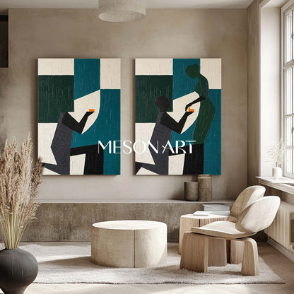 2-Piece Set Of 3D Textured Abstract Couple Proposal Oil Painting Geometric Plaster Canvas Wall Art for Modern Romantic Home Decor
