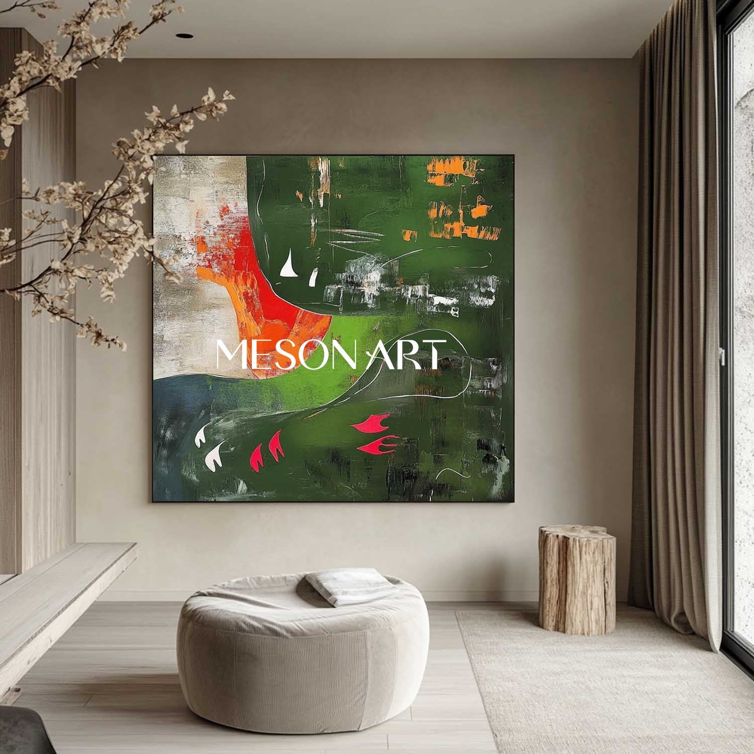 Contemporary dark green abstract art for sale Green minimalist paintings Green wall canvas art decor