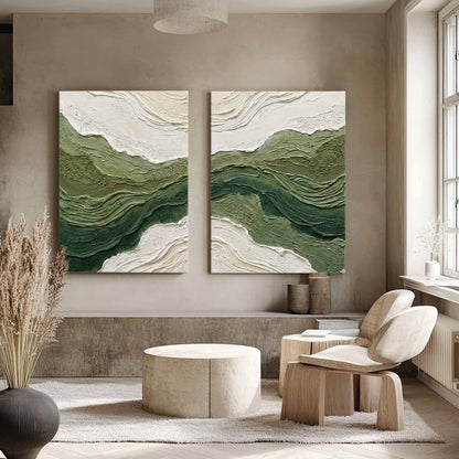 2-Piece Set Of Green Wave Living Room Painting Green Abstract Canvas Wall Art Decoration