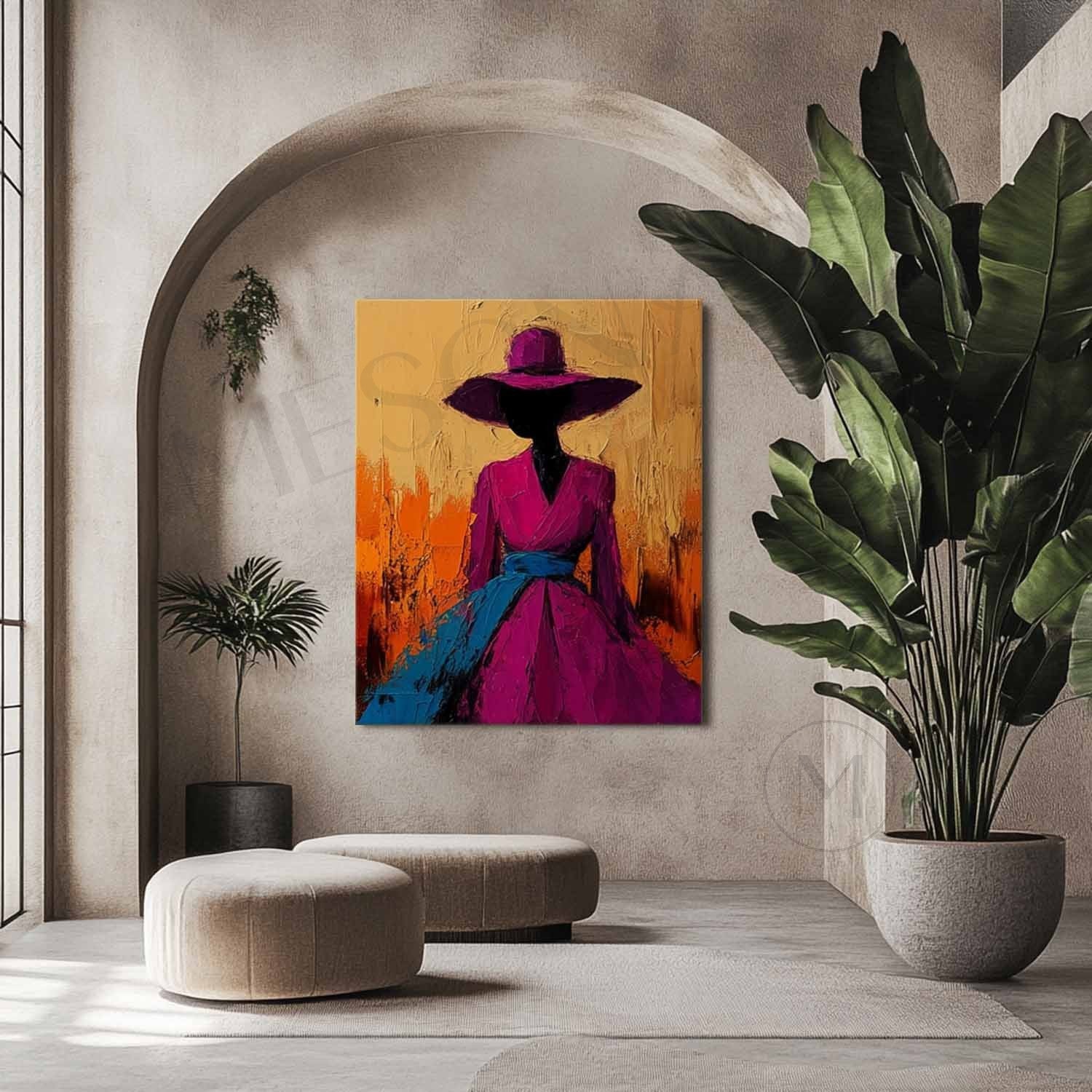 Large Modern Female Abstract Canvas Art Contemporary Palette Abstract Girl Wearing Hat Wall Art