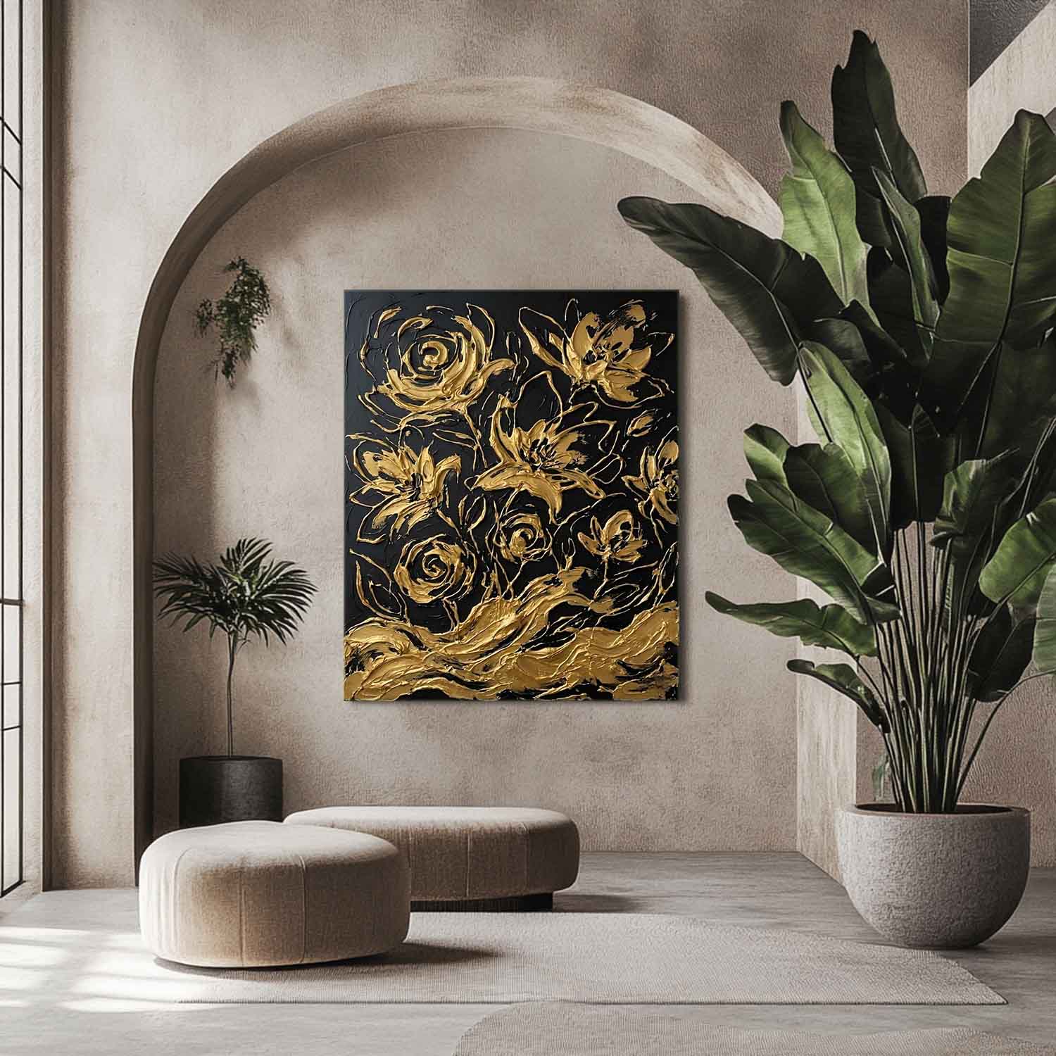 Vertical Black And Gold Abstract Floral Art | 3D Abstract Floral Decor
