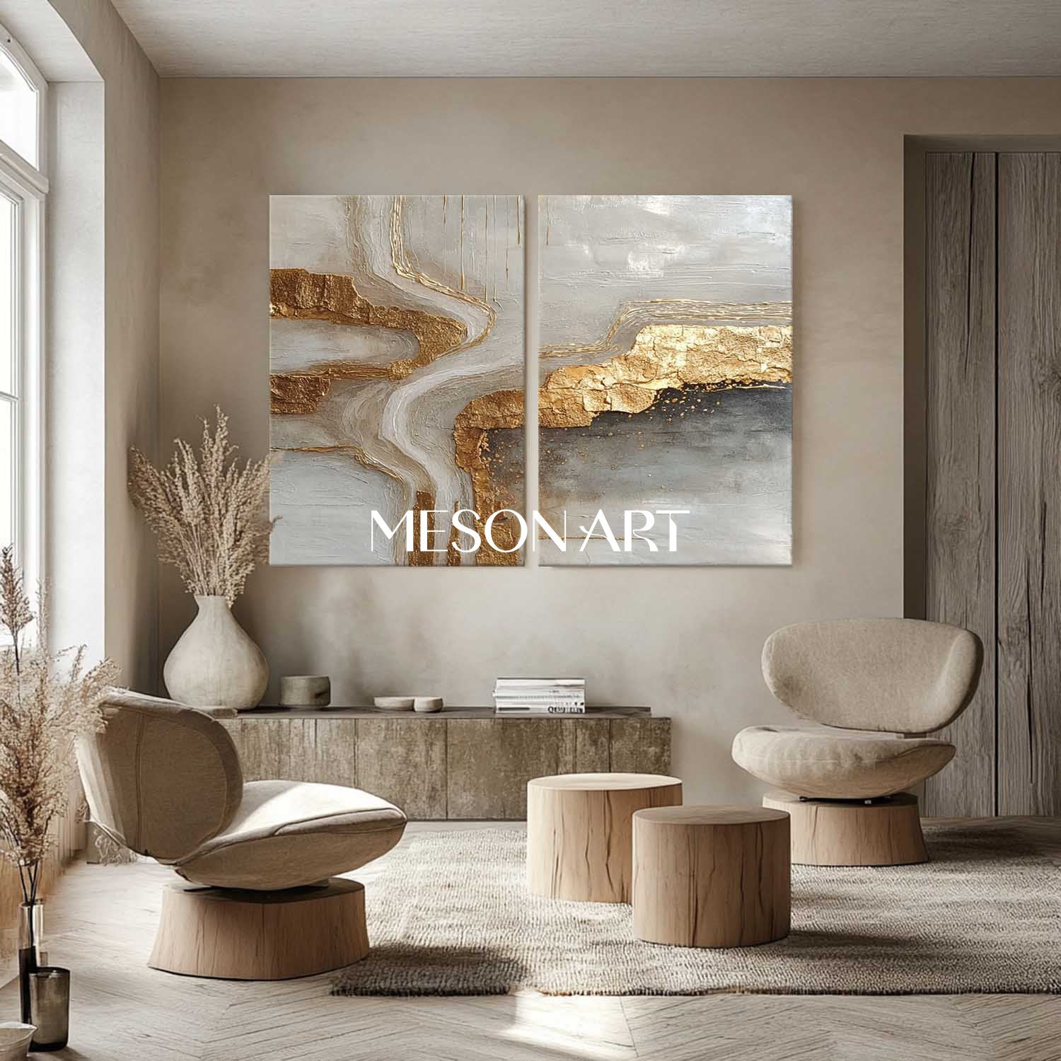 Abstract Textured Gold and Gray Canvas Wall Art 2 Piece Modern Painting Set for Living Room 