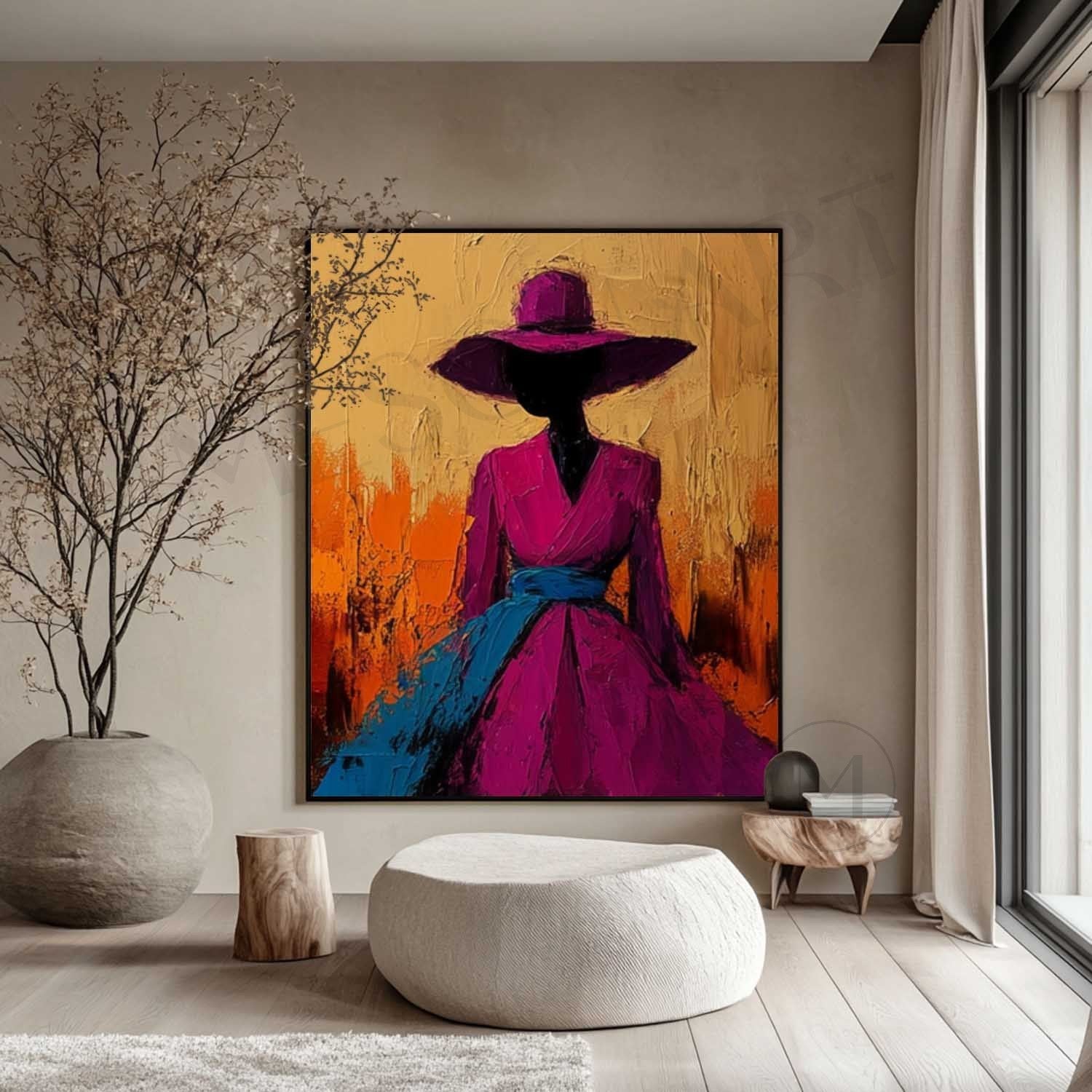 Large Modern Female Abstract Canvas Art Contemporary Palette Abstract Girl Wearing Hat Wall Art