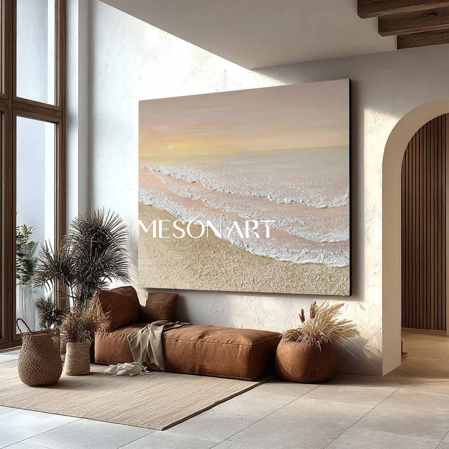 Large 3D Beige Sunrise Beach Ocean Waves Painting Sunrise Beach Canvas Wall Art Decor For Sale