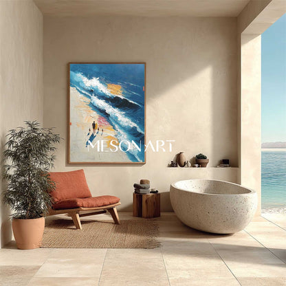 Large 3D Family Beach Surf Wall Art Family Beach Walking Lovers Abstract Texture Canvas Painting