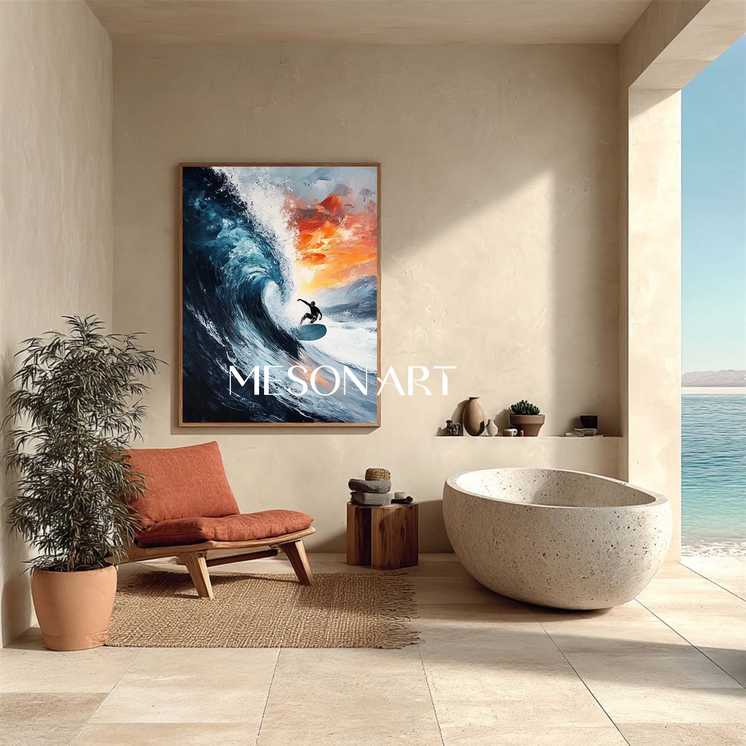 Large 3D Surfer Canvas Wall Art Decor Surfer Texture Painting Seaside Surf Wall Art