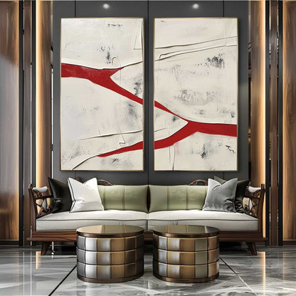 Large Red and White Textured Abstract Art Set of 2 for Sale Red and White Minimalist Textured Canvas Wall Art Decor