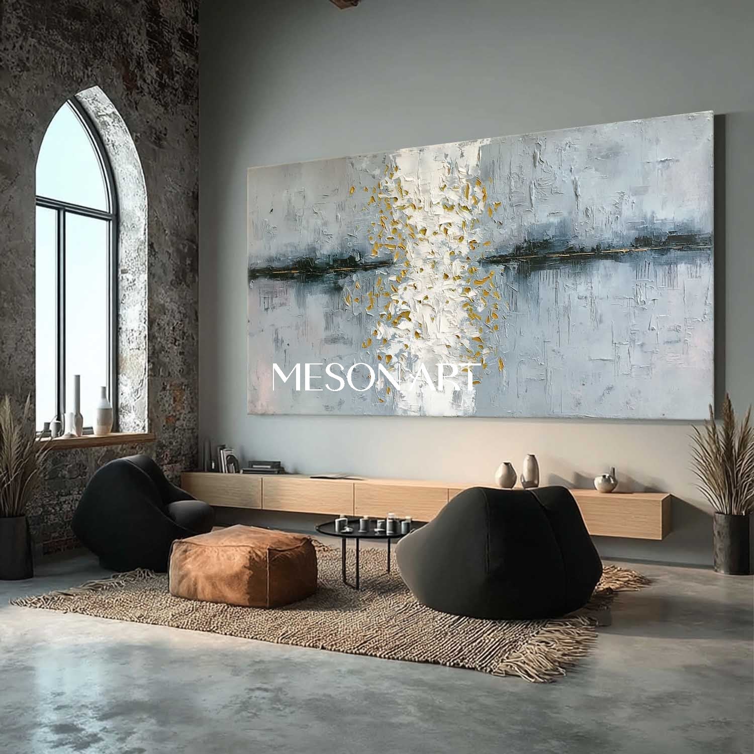 Panoramic Textured Abstract Art White Gold Texture on Grey Blue Canvas