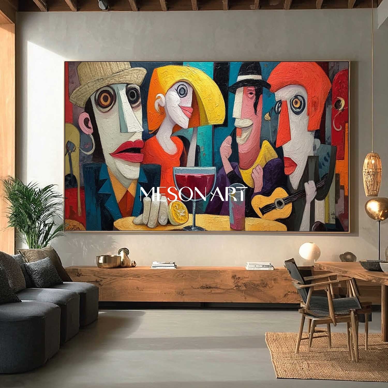 リビングルームやホテルのロビーに、ポップアートで抽象的な肖像画を
