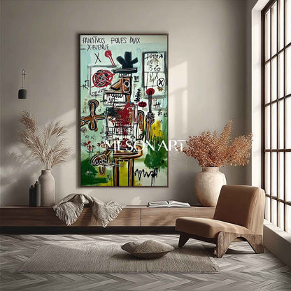 Basquiat Inspired Green Abstract Graffiti Art Large Vertical Canvas