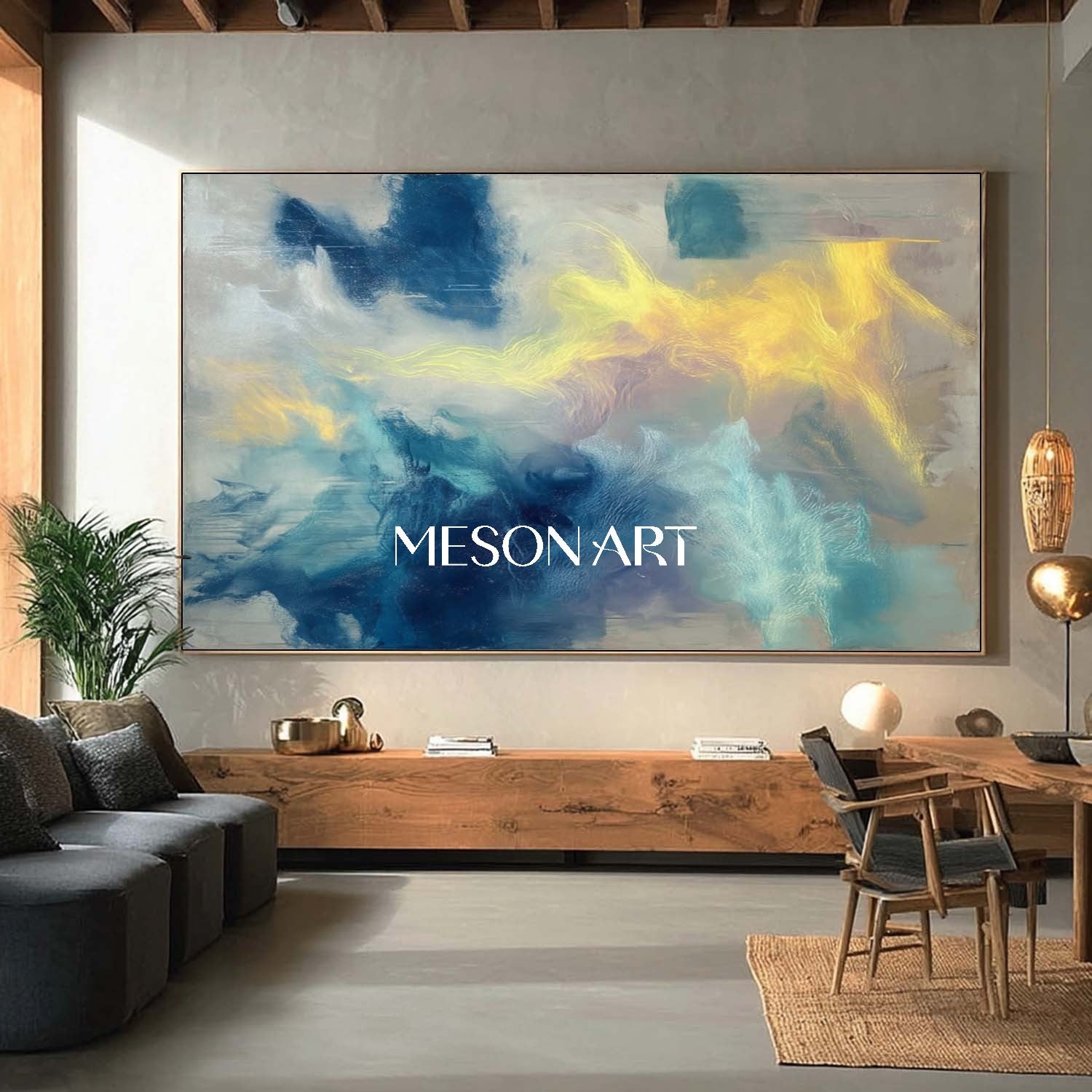 Oversized Blue Handmade Painting Textured Wall Art Hotel Lobby On Sale