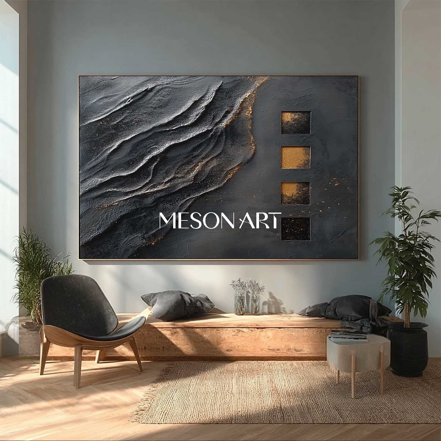 リビングや玄関に黒と金のテクスチャー抽象アートを購入する – MesonArt