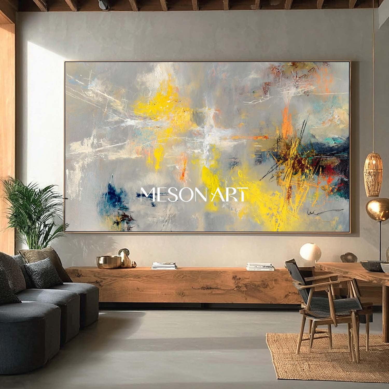 Gray Gold Contemporary Hand-Painted Canvas Oversized Bedroom Wall Art