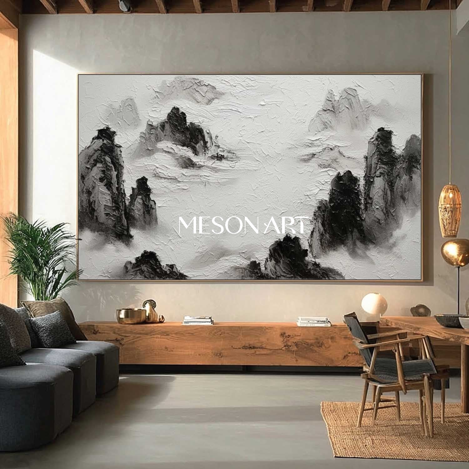 Large White Black Landscape 3D Textured Mountain Canvas Living Room