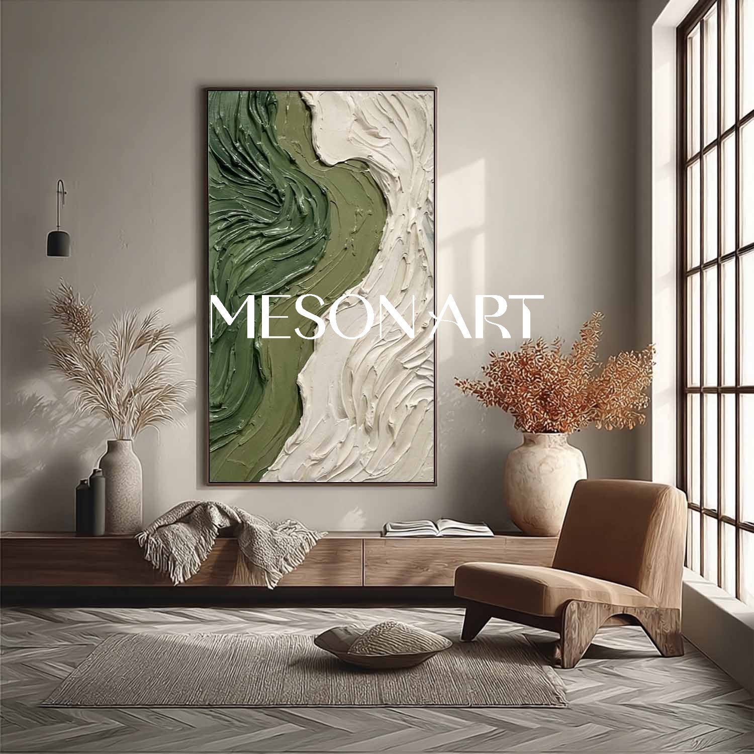 Staircase Landing Wall Decor Dark Green Canvas Art Modern Two Tone Art