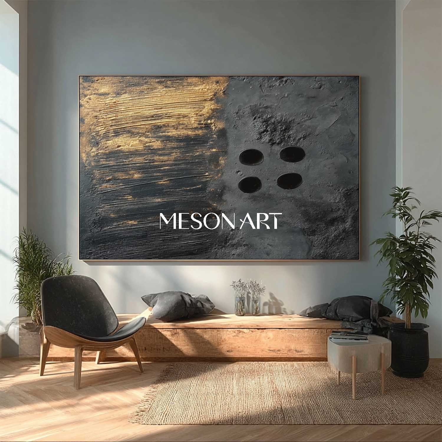 Black Wabi-Sabi Textured Painting MInimalist Abstract Wall Art Hallway