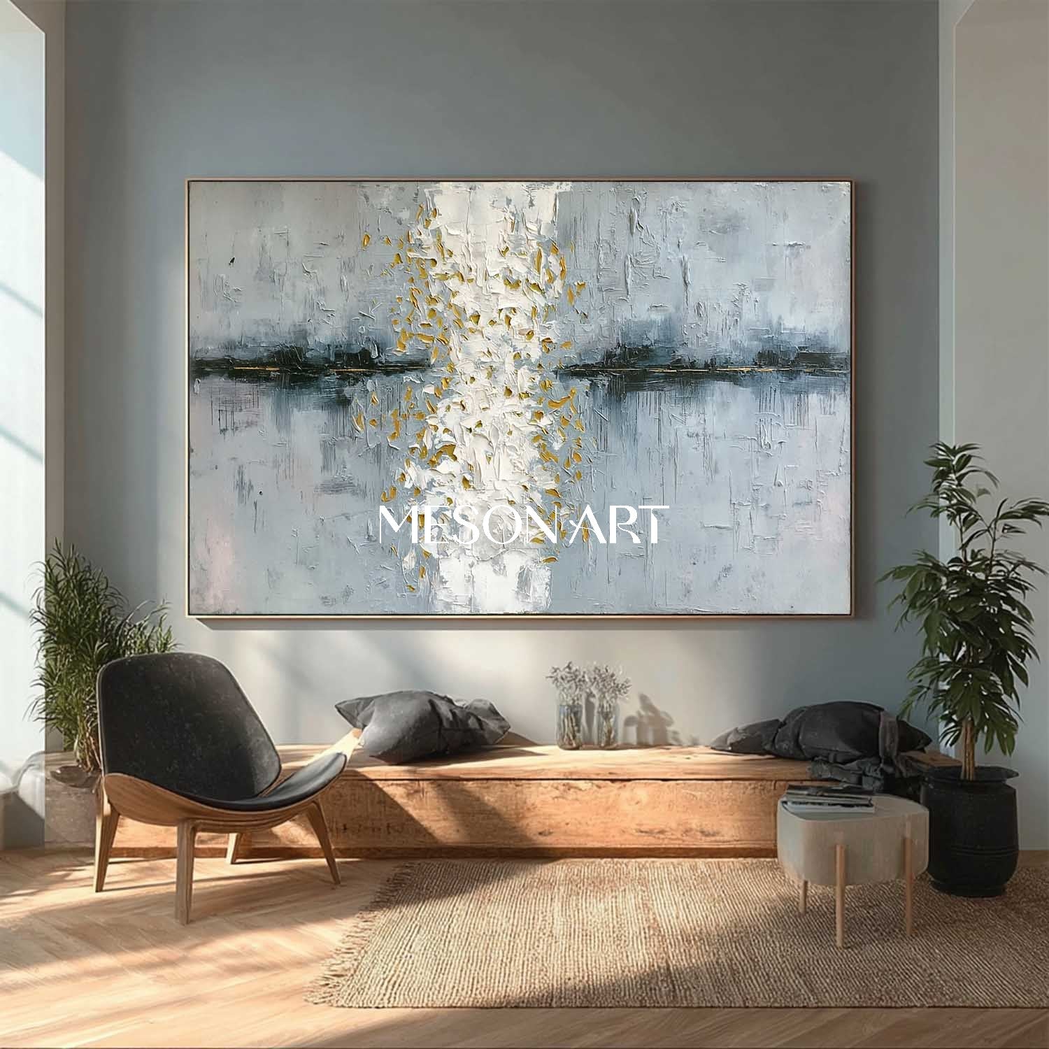 Panoramic Textured Abstract Art White Gold Texture on Grey Blue Canvas