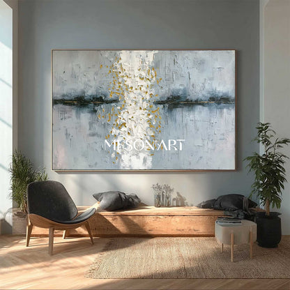 Panoramic Textured Abstract Art White Gold Texture on Grey Blue Canvas