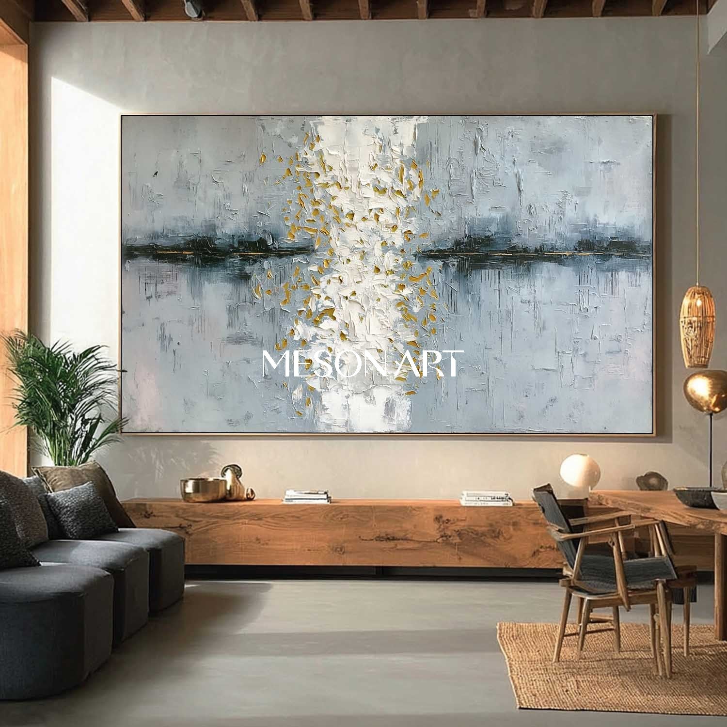 Panoramic Textured Abstract Art White Gold Texture on Grey Blue Canvas