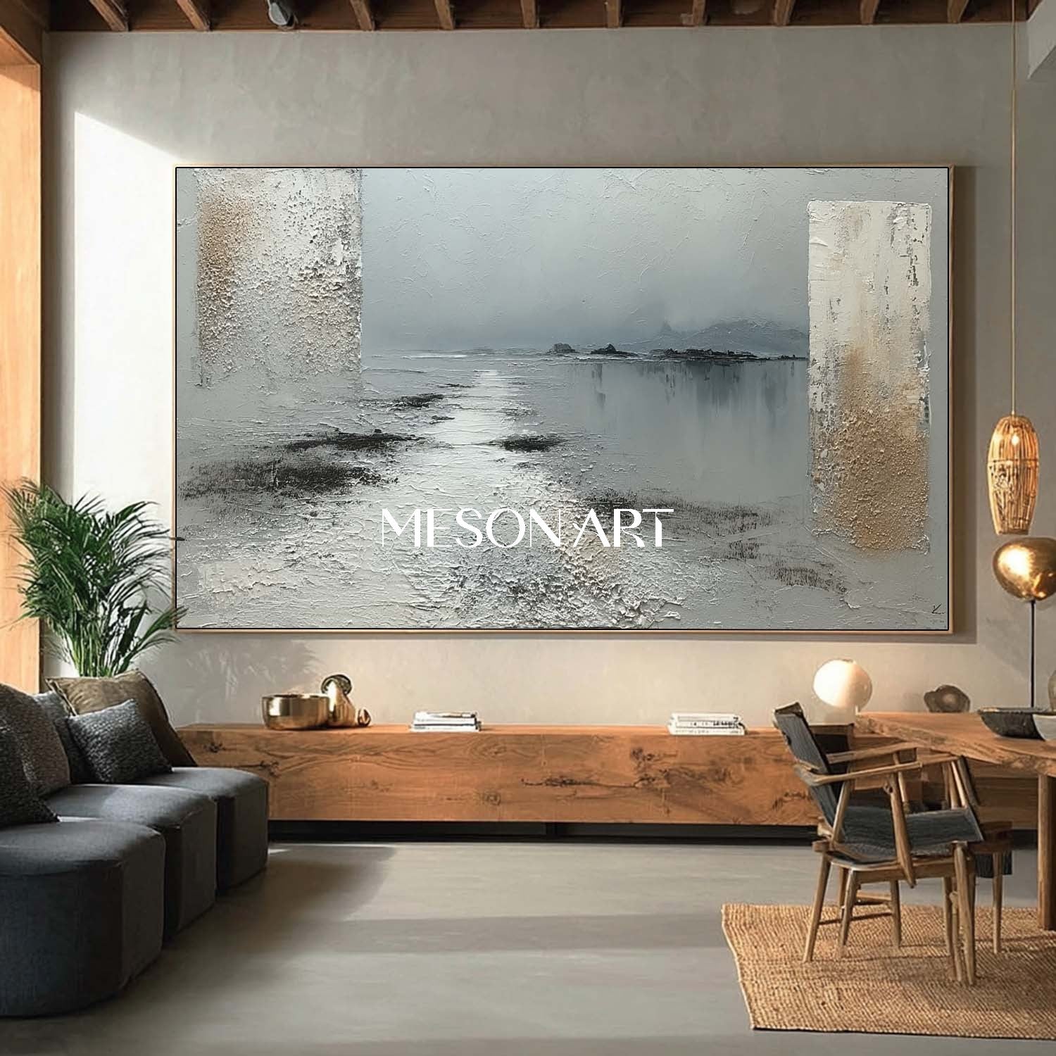 3D Light Grey Abstract Canvas Landscape Wall Painting Wabi-Sabi