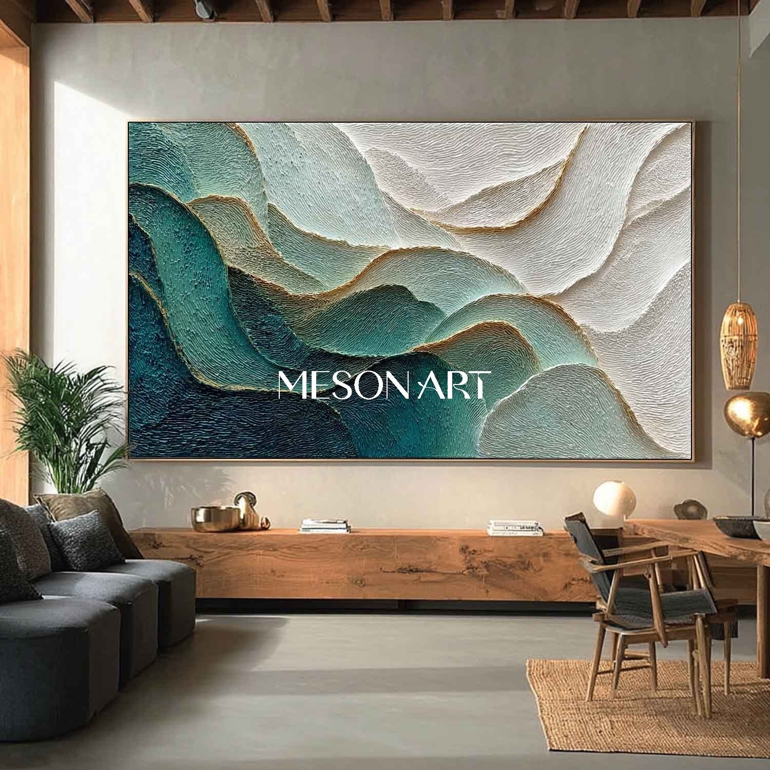 Extra Large 3D White and Green Living Room Plaster Abstract Texture Canvas Wall Art