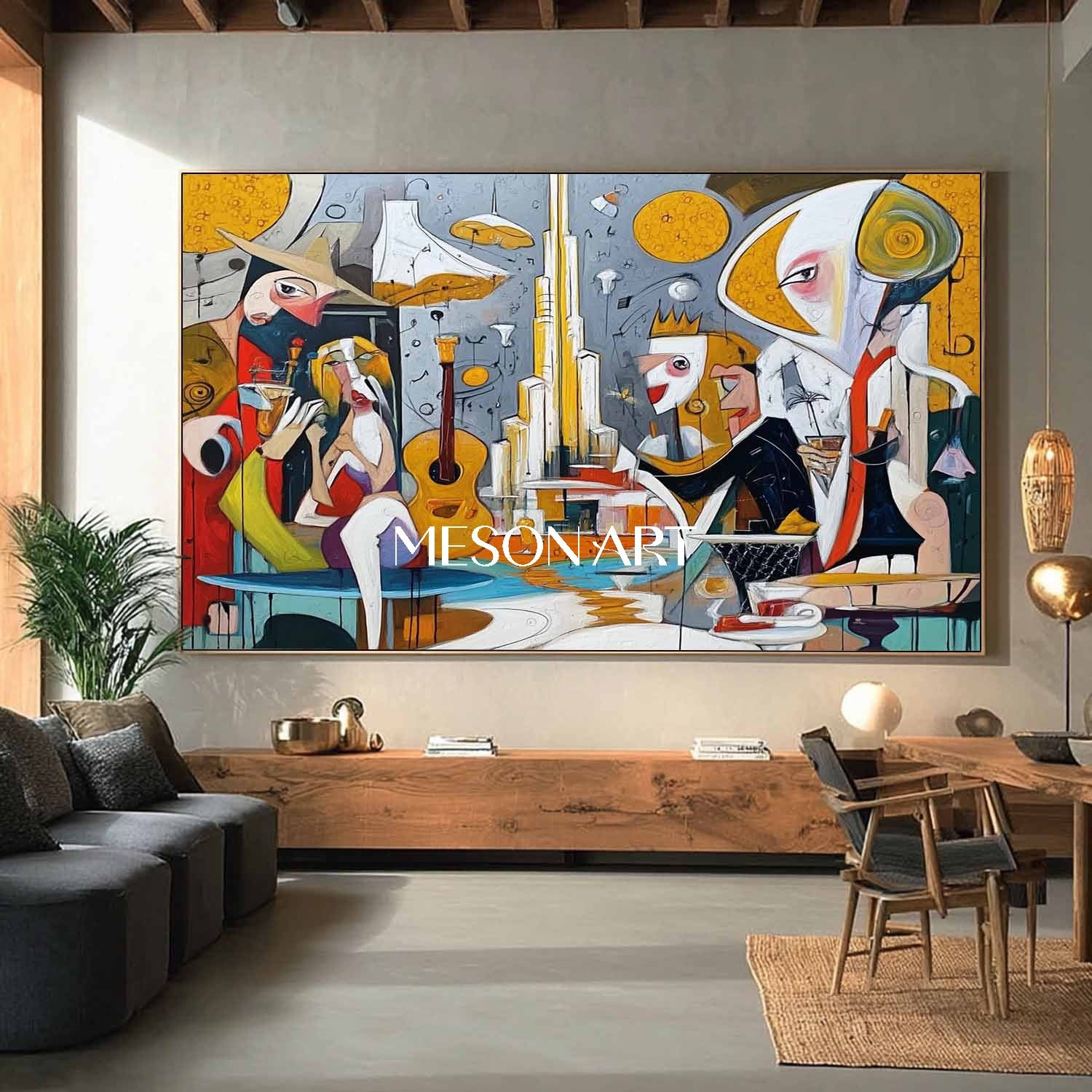 Modern Picasso Inspired Cubist Scene Large Wall Art for Dining Room