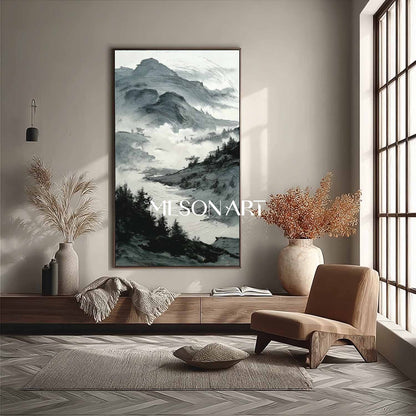 Vertical Black White Wabi Sabi Landscape Textured Canvas Entryway Art
